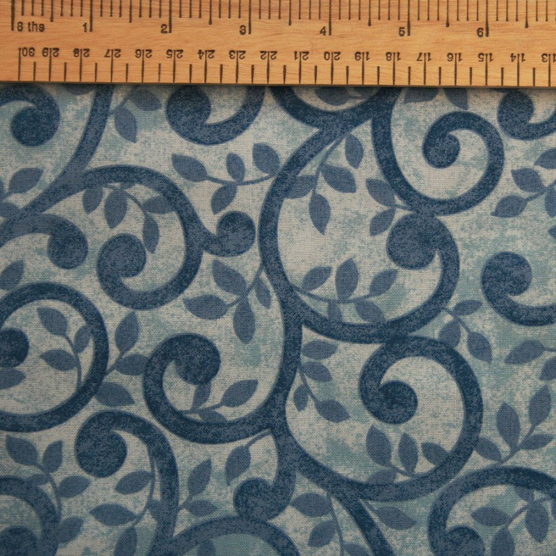 Normandy Court Extra Wide Backing Fabric - 118" - Mid Blue Scrolls & Leaves