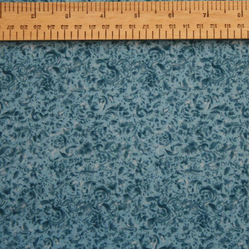 118" Extra Wide Ebor Backing Fabric - Blue Leaves & Dark Blue Scroll Design