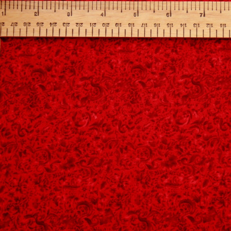 Ebor Fabric 118" - Red Leaves with Scroll/Ribbon Design